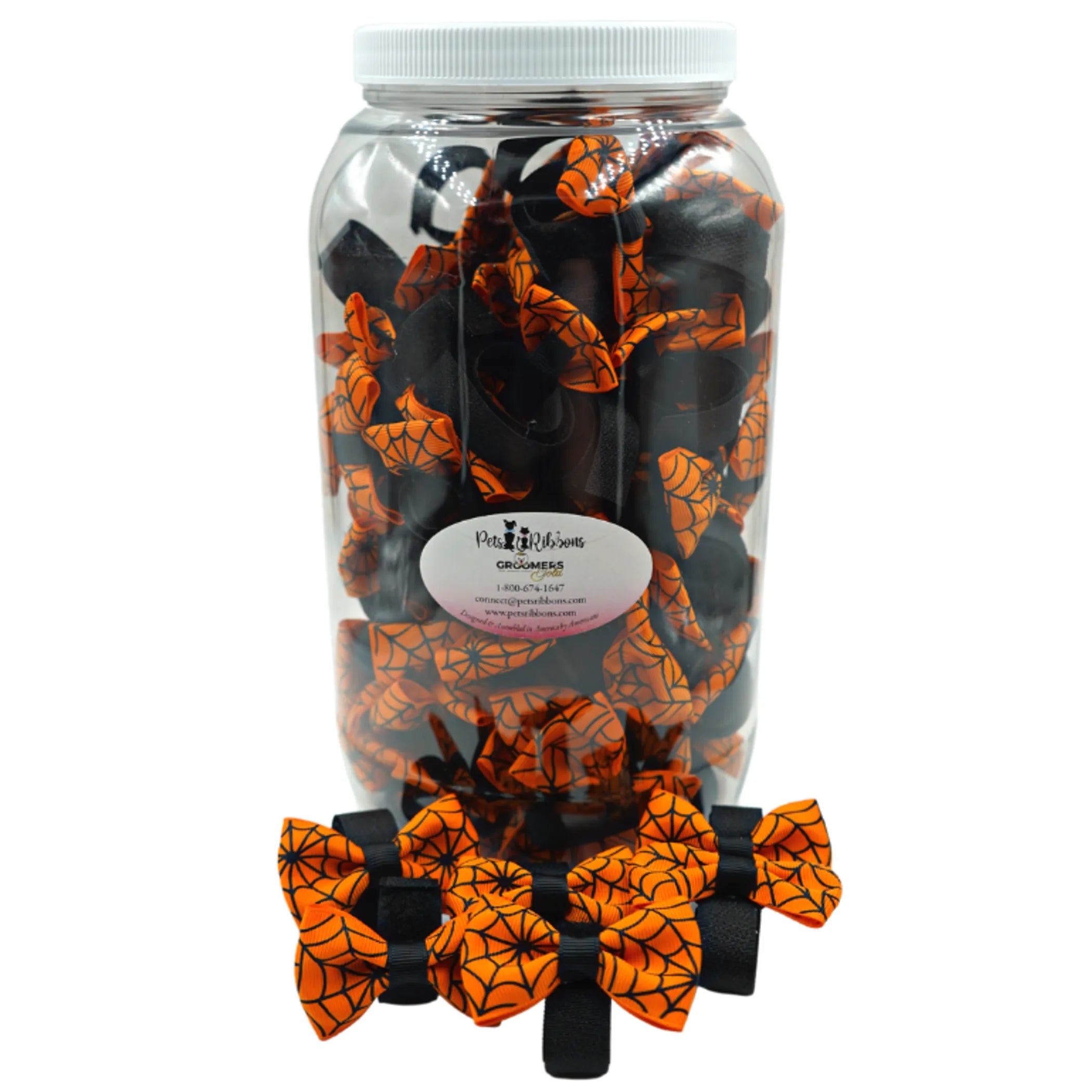 GG109SV | 50-100 Velcro Attachment Halloween Spiderweb Dog|Cat bows in Jar|Pets Ribbons